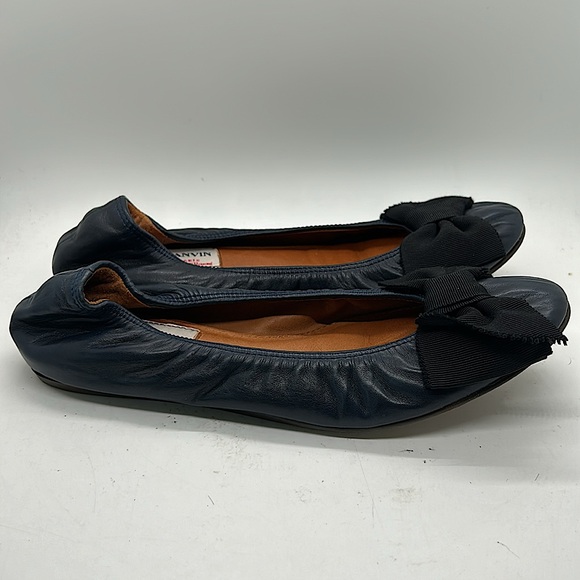 Lanvin Paris Navy Blue Leather Black Bow Ballet Flats Shoes **Size 37.5/US 5.5** - Picture 3 of 7